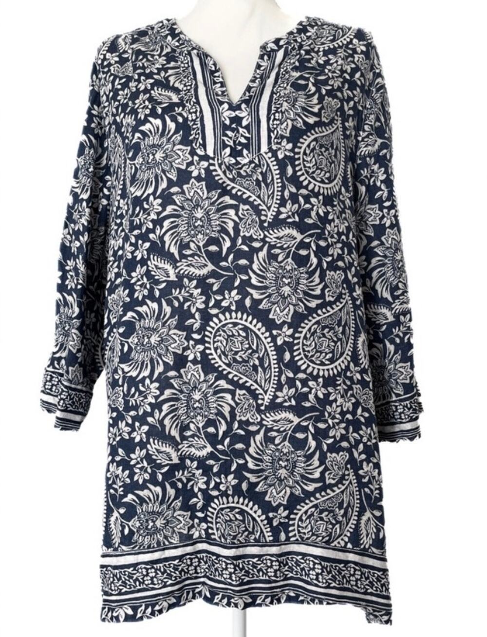 Sigrid Olsen 100% Linen Blue Paisley Boho Blouse Coastal Tunic Top Size Medium